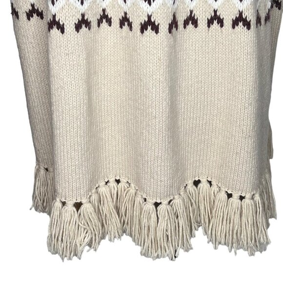 Moda Intl Wool Blend Fair Isle Poncho Shawl Wrap Fringes Size S Beige Black Boho - Picture 9 of 15